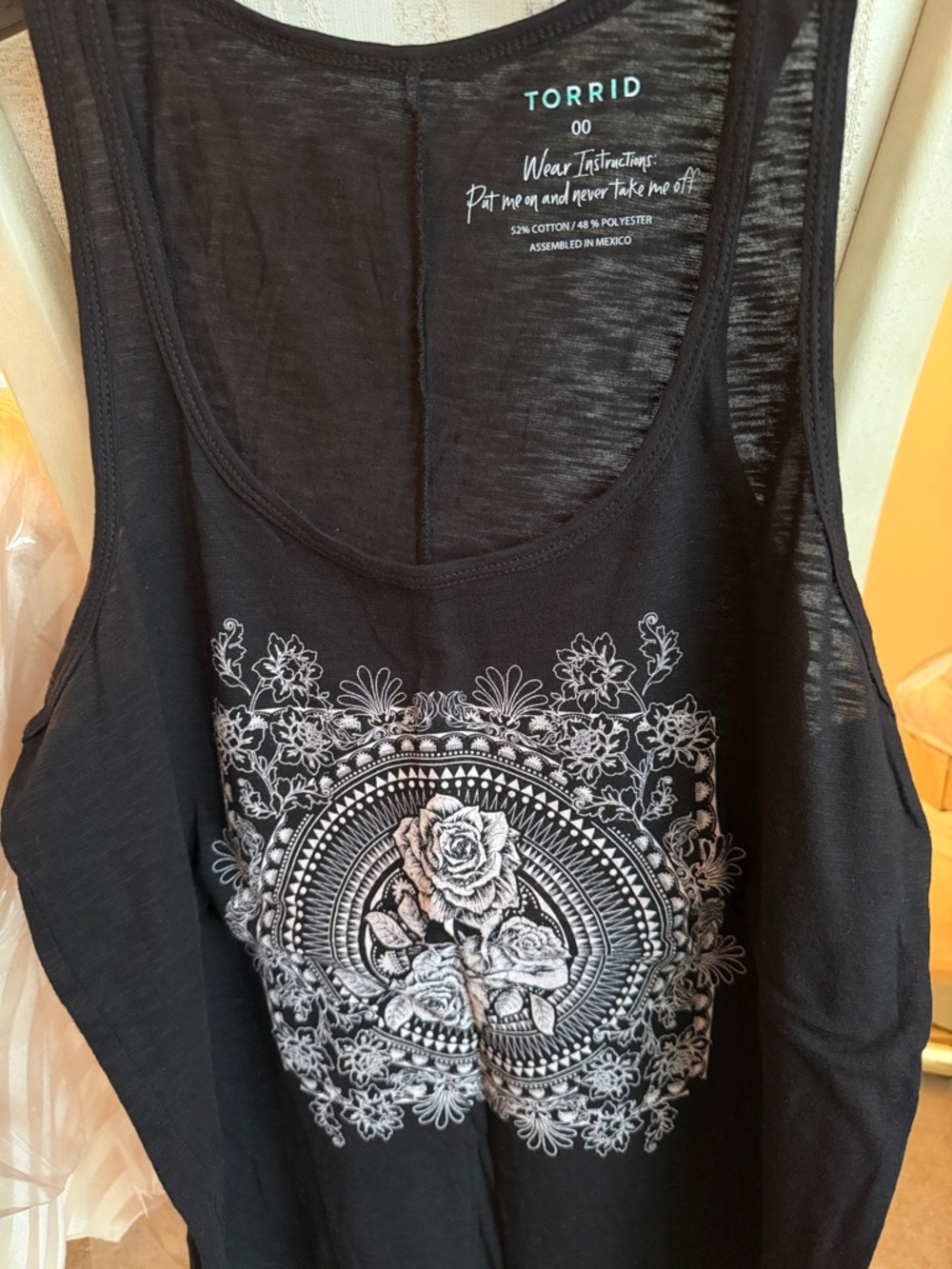 torrid Black Tank with White Floral Mandala Graphic